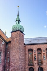 Fototapeta premium Architectural details of the Stockholm City Hall (Stadshuset) building. Stadshuset is the most famous symbol of Stockholm, iconic landmark. Stockholm, Sweden.