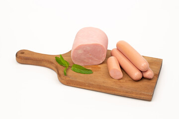 Turkey ham and sausage on white background