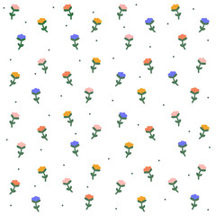 Cute floral pattern in doodle style with flowers and leaves. Spring floral background.