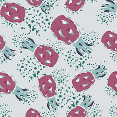 Seamless creative pattern with pale pink pitahaya silhouettes random print. Background blue with splashes.
