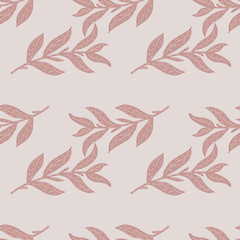 Plae tones nature leaves branches seamless pattern. Doodle foliage silhouettes in pink colors.