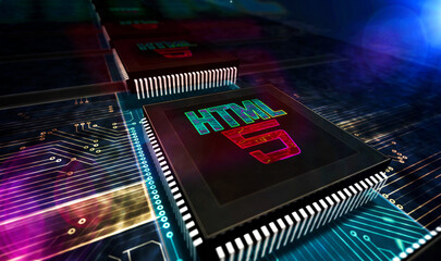 HTML5 programming symbol and processor factory 3d illustration