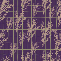 Fototapeta premium Random spicy seamless pattern with hand drawn beige rosemary branches ornament. Purple chequered background.