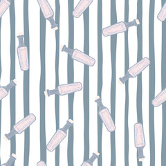 Random seamless alchemy pattern with little flask ornament. Striped background.