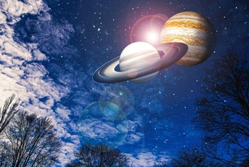 Great Conjunction: Jupiter and Saturn Meet on Solstice.  sky cosmic background . 3 D - image