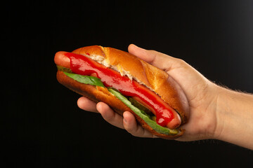 Fresh hot dog, barbeque sausage in white bun