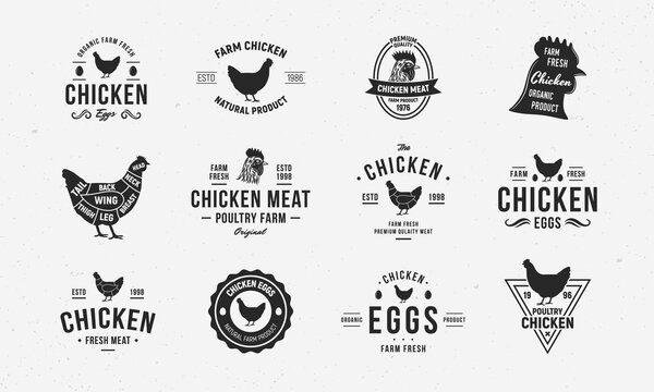 Vector Chicken, Hen vintage logo set. 12 trendy retro emblem and poster templates for Poultry Business, Butchery, Meat shop, Restaurant menu design. Chicken cuts diagram. Chicken egg, meat. 