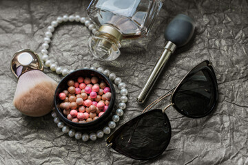 Set of women's make up stuff and accessories, beauty products, powder and other cosmetics. Shopping and fashion concept  