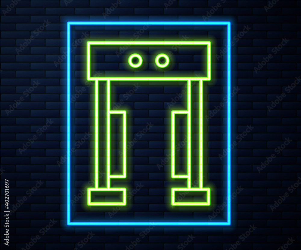 Poster glowing neon line metal detector icon isolated on brick wall background. airport security guard on m