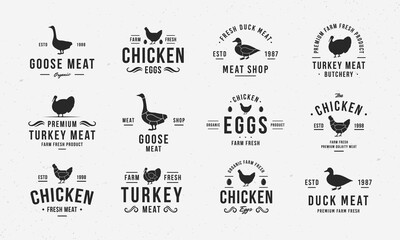 Poultry logo set. Vintage Hen, Goose, Duck, Turkey logo templates with silhouettes. Poultry emblems for butcher shop, restaurant, steak house, grocery store. Vector illustration