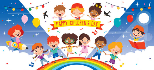 Obraz premium Multi Ethnic Kids Playing On Rainbow