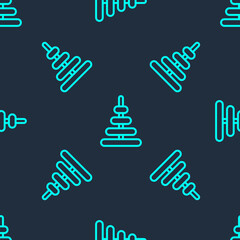 Green line Pyramid toy icon isolated seamless pattern on blue background. Vector.