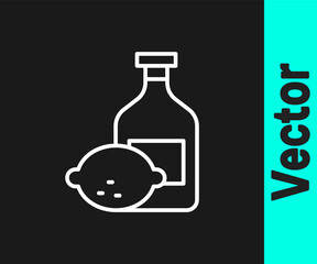 White line Limoncello bottle icon isolated on black background. Bottle of fresh homemade lemonade. Vector.