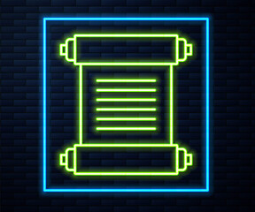 Glowing neon line Decree, paper, parchment, scroll icon icon isolated on brick wall background. Vector.
