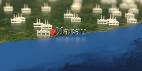 Macau city and factory icons on the map, industrial production related 3D rendering