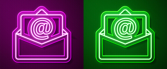 Glowing neon line Mail and e-mail icon isolated on purple and green background. Envelope symbol e-mail. Email message sign. Vector.