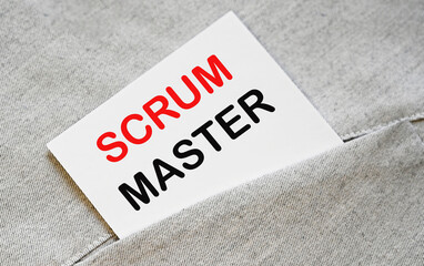 SCRUM MASTER text on the white sticker in the shirt pocket.