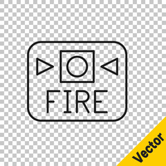 Black line Fire alarm system icon isolated on transparent background. Pull danger fire safety box. Vector.