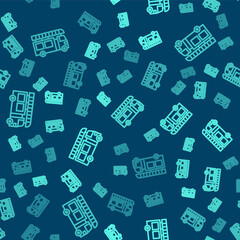 Green line Fire truck icon isolated seamless pattern on blue background. Fire engine. Firefighters emergency vehicle. Vector.