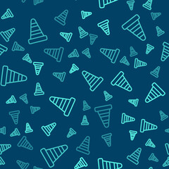 Green line Traffic cone icon isolated seamless pattern on blue background. Vector.