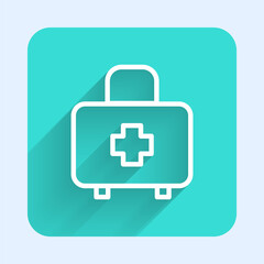 White line First aid kit icon isolated with long shadow. Medical box with cross. Medical equipment for emergency. Healthcare concept. Green square button. Vector.