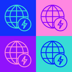 Pop art line Global energy power planet with flash thunderbolt icon isolated on color background. Ecology concept and environmental. Vector.