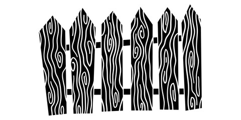 Fence black and white hand drawn illustration. Wooden planks for yard territory railing silhouette isolated on white background. Rural backyard boundary construction. Old timber hedge, ring-fence