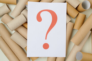 flat lay with toilet paper tubes, paper sheet and question mark