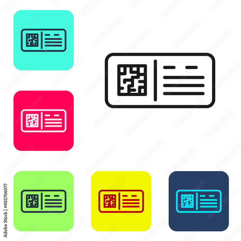 Poster black line qr code ticket train icon isolated on white background. set icons in color square buttons