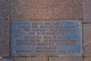 Metal plate in the floor on the footpath in Frankfurt Main. Sign for the stock exchange in Germany....