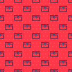 Blue line Antique treasure chest icon isolated seamless pattern on red background. Vintage wooden chest with golden coin. Vector.