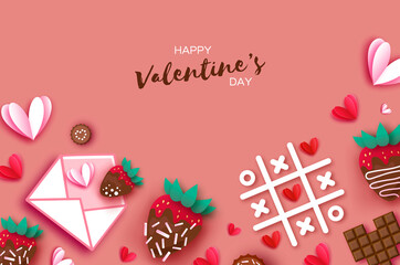 Fototapeta na wymiar Love Letter, Strawberry and Chocolate. Valentines Day Greeting Card. Hearts paper cut style. Sweet dessert, choco candy. Happy Romantic holidays. Space for text. February 14. Tic-tac-toe game.
