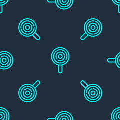 Green line Lollipop icon isolated seamless pattern on blue background. Candy sign. Food, delicious symbol. Vector.