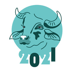 Fototapeta premium Vector image of Cow, Bull, water Buffalo flat illustration, symbol of 2021 on the Chinese calendar on green background