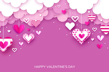 Happy Valentine's Day with paper cut heart. Flying Love Hearts. Romantic holiday. Space for text. February 14. Sky cloud.