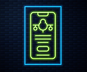Glowing neon line Smartphone with electronic boarding pass airline ticket icon isolated on brick wall background. Passenger plane mobile ticket for web and app. Vector.