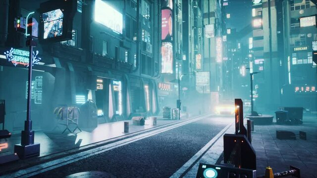 Flying cars rush along the neon night street of the city of the future. Seamless looping animation for fiction, cyber and sci-fi backgrounds. View of an future city.