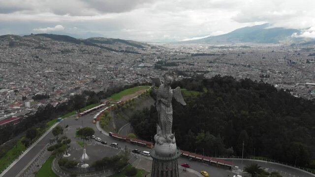 Aerial from the Panecillo, old town Quito- Ecuador. This statue represents the Virgin of Panecillo. It is located on the top of the omonymous hill in Quito