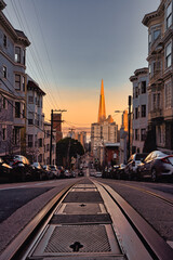 Transamerica Pyramid Sunset skyline Wide angle view