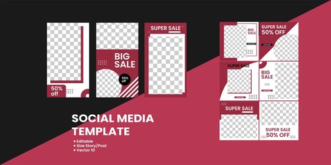 9Set of Editable minimal square banner template. background white and pink color with stripe line shape. Suitable for social media post and web internet ads. Vector graphic