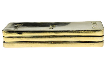 three 1 kg gold ingots isolated on white background