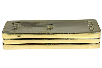 three 1 kg gold ingots isolated on white background