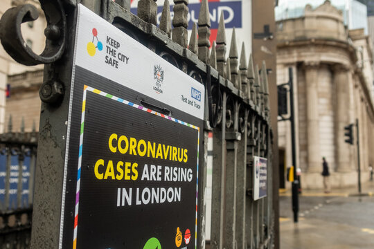 London, December 2020: Coronavirus Cases Rising Warning Sign Outside The Bank Of England In Days Following London Entering Tier 4 Lockdown