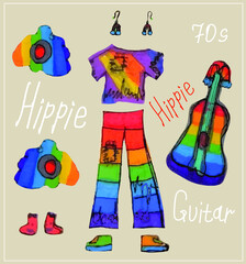 A set of items from the hippie style, 60s and 70s. T-shirt. flared trousers, earrings, guitar, speakers, flowers, inscriptions. Vector isolated scalable image.