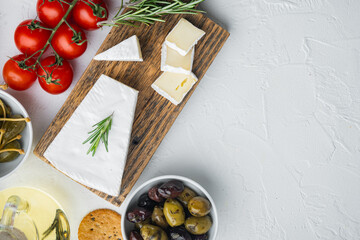 Delicious brie cheese, on white background, flat lay  with copy space for text