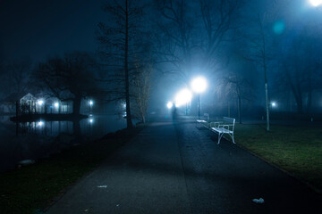 misty night in the city park 