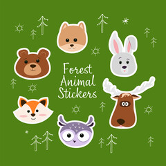 
Vector set of cute forest animal faces - fox, elk, bear, squirrel, hare and owl with additional hand drawn trees. Woodland animals, suitable for the design of stickers, posters, postcards