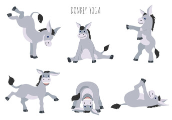 Donkey yoga poses and exercises. Cute cartoon clipart set