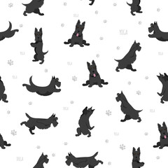 Yoga dogs poses and exercises. Scottish terrier yoga seamless pattern