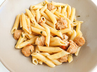 pasta with tomatoes and soya meat. Vegan food 